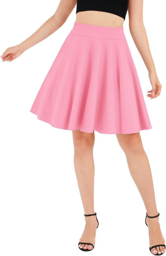 Women'S Basic Midi Skirt Versatile Stretchy Flared Casual High Waisted Skirt